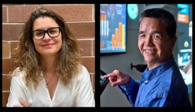 UCI Professors Athina Markopoulou and G.P. Li, the new and former directors of the California Institute for Telecommunications and Information Technology (CalIT2)