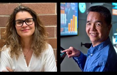 UCI Professors Athina Markopoulou and G.P. Li, the new and former directors of the California Institute for Telecommunications and Information Technology (CalIT2)