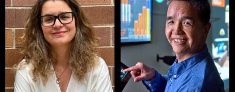 UCI Professors Athina Markopoulou and G.P. Li, the new and former directors of the California Institute for Telecommunications and Information Technology (CalIT2)